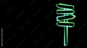 Animation of road signs isolated. Direction traffic signs boards on neon glowing stand, empty pointer post and directing signboard animation.