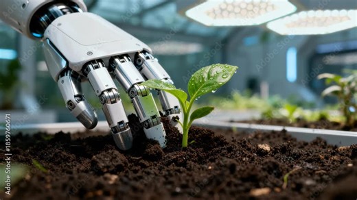 Robotic hand tends a young seedling in rich soil inside a controlled indoor lab. LED grow lights and sterile equipment in the background convey automation, precision gardening, and advanced plant rese
