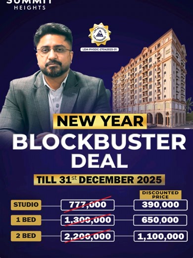 Start the new year with a deal you don’t want to miss. 𝐒𝐮𝐦𝐦𝐢𝐭 𝐇𝐞𝐢𝐠𝐡𝐭𝐬 is offering big discounts on 𝐒𝐭𝐮𝐝𝐢𝐨, 𝟏 𝐁𝐞𝐝 𝐚𝐧𝐝 𝟐 𝐁𝐞𝐝 𝐚𝐩𝐚𝐫𝐭𝐦𝐞𝐧𝐭𝐬 𝐭𝐢𝐥𝐥 𝟑𝟏 𝐃𝐞𝐜𝐞𝐦𝐛𝐞𝐫 𝟐𝟎𝟐𝟓. Enjoy reduced prices, an easy 4.5-year post-handover plan and possession in just 3 years. Summit Heights is LDA approved and located in Etihad Town Phase 1 on Main Raiwind Road Lahore. It’s a golden chance to book your apartment and enjoy an extra 𝟓 𝐩𝐞𝐫𝐜𝐞𝐧𝐭 𝐝𝐢𝐬𝐜𝐨𝐮𝐧𝐭 on