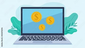 Animation showing a laptop screen with coin icons appearing on it. Viedo in flat style. Savings and virtual currency.