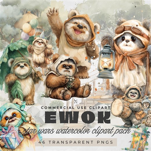 Ewok Star Wars Clipart: Watercolor Ewok Characters, Party Decorations Digital Download - Etsy