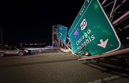 Illinois dump truck with raised bed brings down interstate sign, shuts down I-64 near St. Louis
