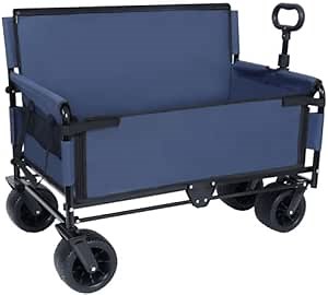 3-in-1 Convertible Folding Wagon Cart with Bench Seat & Storage - 500lbs Heavy-Duty Utility Wagon, 180L Capacity All-Terrain Wheels for Camping, Beach, Sports, Garden (Dark Blue)