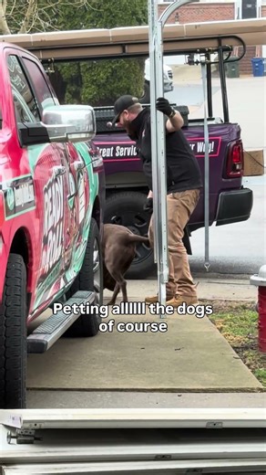 The best job perk? Petting all the dogs! / work humor, garage door installations, funny, relatable