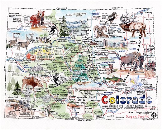 Pictorial Map of Colorado Hand-painted Signed Watercolor Print - Etsy