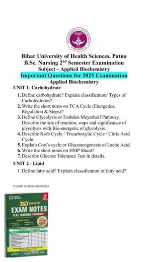 BUHS Biochemistry IMP QUES BSC NURSING 2ND SEM #nursingdegree #bscnursing2025 #bhushanscience #viral