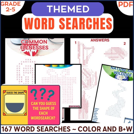 Themed Word Search Bundle 2nd-5th Grade Science, History, Geography and More