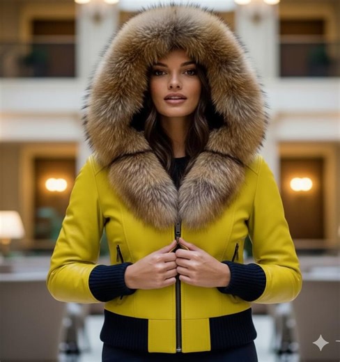 Yellow Leather Bomber With Large Fur Hood - Women’s Vibrant Winter Jacket - Ski Style Coat - Etsy UK