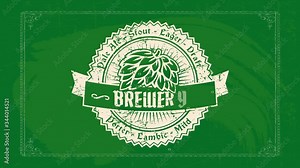distillery design with types of handicraft beer names written with celtic font around classical elderly fashion styled round graphical with jumping vine cartoon over green chalkboard