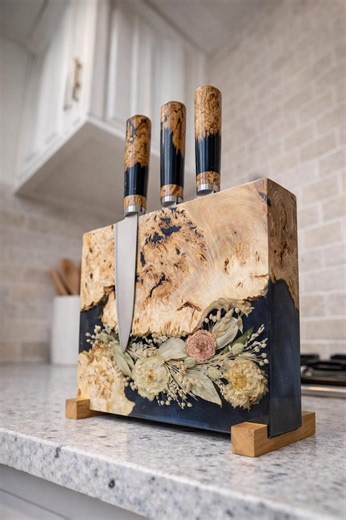 Wood Magnetic Knife Holder With Dried Flowers Countertop Free Standing,double Sided Magnetic Knife Block,live Edge Knife Strip Board Rack - Etsy