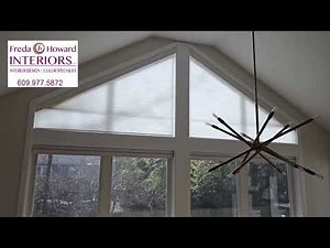 Retreat:Calm and Functional-Custom Motorized shades for triangular windows by Freda Howard Interiors