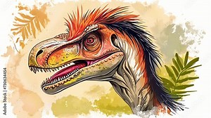 A detailed drawing of a feathered dinosaurs head showcasing specialized adaptations such as a beak or sharp teeth that contributed to their success.