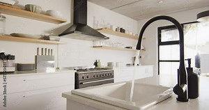 General view of luxury kitchen with sink and countertop Stock Video