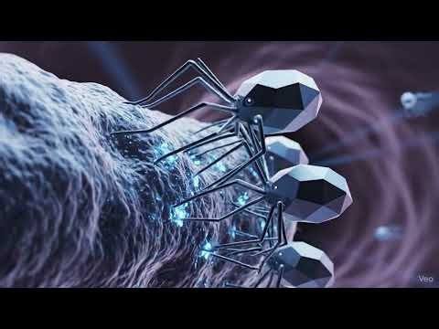 "A cinematic microscopic shot of bacteriophages swarming and attacking a bacteria cell."