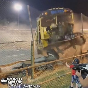 154K views · 1.5K reactions | DERBY DANGER: Dramatic cellphone video from a school bus demolition derby in Clarksville, Indiana, shows the moment one driver loses control, crashing into a fence barrier just inches from a toddler in the stands; the child was not seriously hurt. https://abcn.ws/1c6SfMC | ABC World News Tonight with David Muir | Facebook
