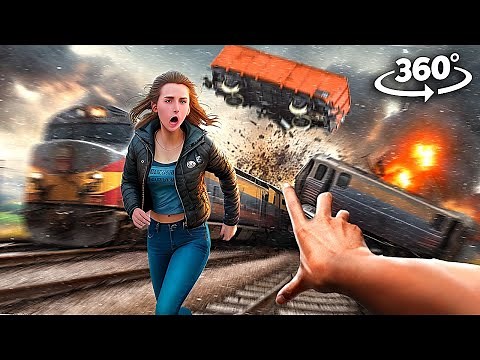 360 video CAR IS STUCK ON TRAIN TRACKS. TRAIN ACCIDENT & DERAILMENT Virtual Reality 4K