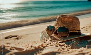 Straw hat and sunglasses on sandy beach with sunlight
