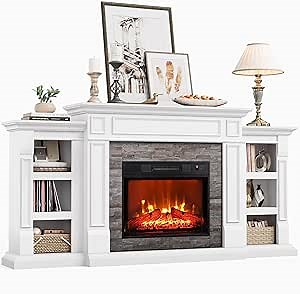 LGHM 72" Electric Fireplace with Mantel, Fireplace TV Stand for TVs Up to 80 Inch, Modern Entertainment Center with Storage, Fireplace Heater Insert with Realistic 3D Flame for Living Room, Bedroom
