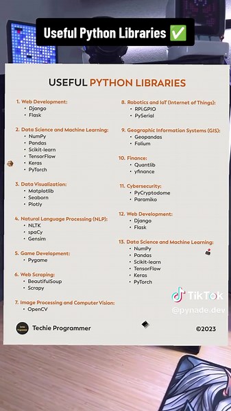 Useful Python Libraries . #python #codenewbie #100daysofcode #datascience #machinelearning #developer #coding #webdevelopment #fyp #pynade #programming #tiktok #softwareengineer #softwaredeveloper #java #php