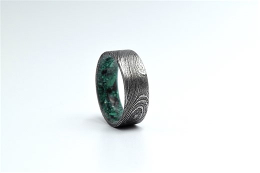 Handmade Damascus Steel Ring: Malachite & Obsidian Stone Inlay - Etsy