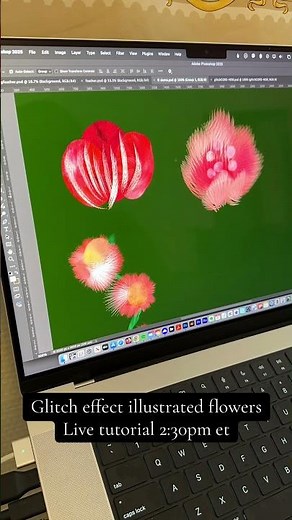 Abstract spring flowers illustrated with glitch effect Photoshop brushes