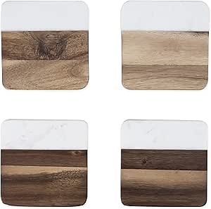 Twine Marble and Acacia Coasters, Modern Square Coasters, Acacia Wood, Marble, Protect Tables and Surfaces, Set of 4