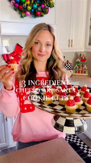 The cutest Christmas dessert you’ll make this season 🎅❤️ These 3-ingredient Santa Cheesecake Cups are made with a soft sugar cookie base, creamy Philadelphia No Bake Cheesecake Filling, and fresh strawberries for the cutest little Santa hats 🎅 — and if you can’t find the Philadelphia filling, I’ve shared an easy homemade version on my blog that tastes just as creamy and delicious! ❤️🎄✨ They’re festive, fun, and perfect for parties, cookie swaps, or a quick holiday dessert that looks like you 