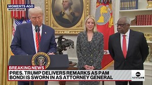 JUST IN: Pam Bondi has been sworn in as attorney general. "She's going to restore fair, equal and impartial justice and restore the constitutional rule of law in America," Pres. Trump said. https://abcnews.link/nf3rVoF | ABC News