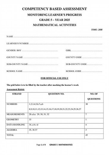 Grade 5 Mathematics Mid Term 2 2025 Exam