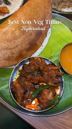 Dr Ayesha Fatima on Instagram: "If you love non-veg breakfasts, this place is a must! Prawn dosa was insane (we literally ate all the prawns first), haleem dosa shocked me in a good way, and the mutton ghee roast stole the show Highly recommend! 📍 Kritaa Nagar, Financial District #nonvegtiffins #prawndosa #chickengheeroast"