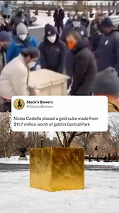 28K views · 521 reactions | In 2022, artist Niclas Castello made headlines by installing a 400-pound cube made entirely of 24-karat gold in New York City’s Central Park. No guards. No ropes. Just art and opulence on full display. The piece, valued at over $10 million, wasn’t for sale—it was a statement. A bold intersection of wealth, creativity, and public space. Art or excess? (Via @nytimes) | Stack's Bowers | Facebook
