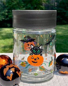 Halloween Candy Jar Canister Hand Painted Pumpkins, Sparkling Bats, Witch Hats, Halloween Decoration - Etsy