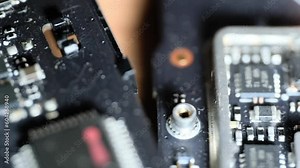 Microcircuits filming from right to left close-up. Microchip close-up. Technological innovation and progress. Beauty of technology.