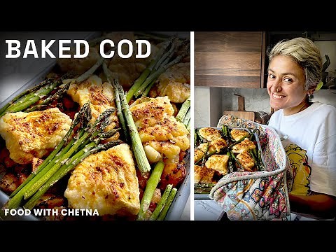 One tray BAKED COD with delicious potatoes and greens!