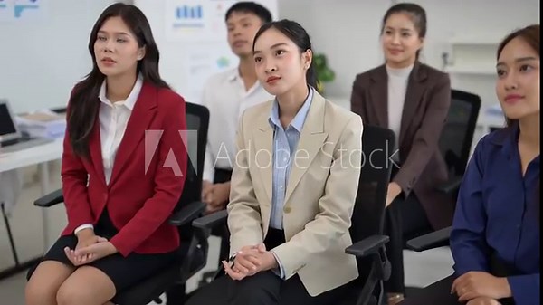 A group of women in business attire sit in chairs in a conference room. They are all looking at a presentation on a screen