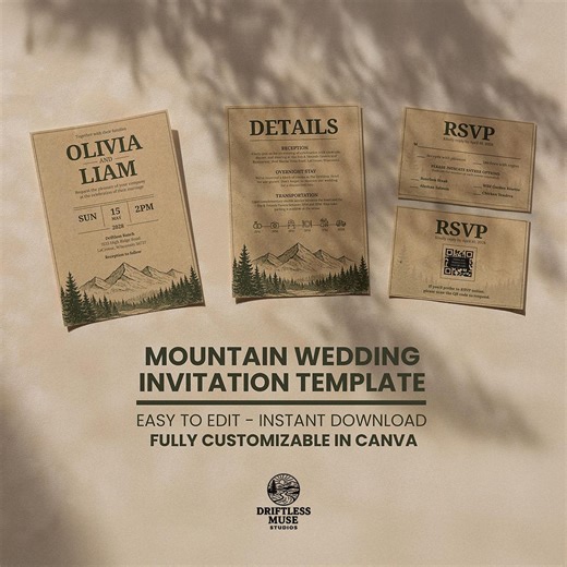 Mountain Wedding Invitation Template, Rustic Forest Printable Invite, Canva Wedding Suite Package 1 - Etsy