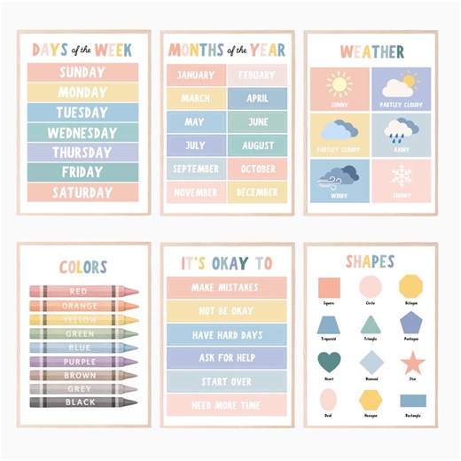 6 Educational Posters | Boho Classroom Decor | Calm Pastel Learning Charts | Elementary Wall Art Bundle | Printable Set - Etsy
