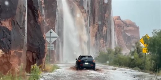 Watch: Travelers in Utah fearlessly drive through waterfalls caused by flash flooding
