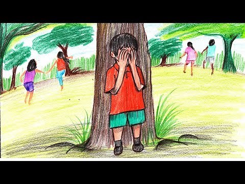 How to Draw a Kids Playing Hide and Seek Game - Step by Step