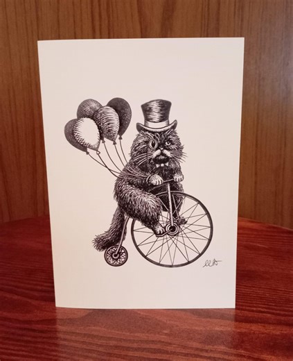 Cat Riding Penny Farthing - Greeting Card - Folded Card - Etsy UK