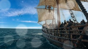 A majestic vintage sailing ship with tall masts glides across a vast ocean under a dramatic, cloudy sky. The ships sails are fully unfurled, capturing the wind as it navigates the open waters.
