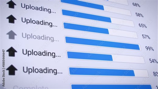 Video animation of the process of uploading multiple files from the Internet on a computer monitor screen. A computer monitor displaying information about the data upload in real time, including perce