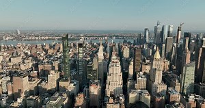 New York City Aerial view, tall skyscrapers with Midtown Manhattan skyline and Hudson River on the horizon