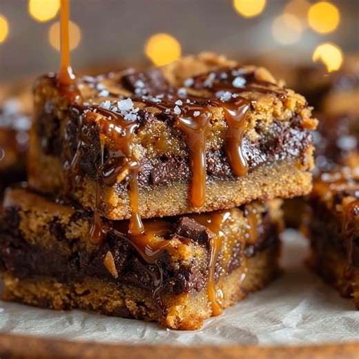 🍪✨ Salted Caramel Chocolate Chip Cookie Bars ✨🍫 Golden, chewy cookie bars layered with gooey caramel and sprinkled with flaky sea salt — the ultimate sweet-salty treat! Ingredients: 1 cup unsalted butter, melted 1 cup brown sugar, packed 1/2 cup granulated sugar 2 large eggs 2 teaspoons vanilla extract 2 1/4 cups all-purpose flour 1 teaspoon baking soda 1/2 teaspoon salt 1 1/2 cups semi-sweet chocolate chips 1 cup caramel sauce Flaky sea salt, for sprinkling Instructions: Preheat oven to 350°F