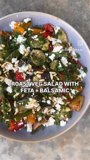 Arnold's on Instagram: "🍅Roast Veg Salad Or leftover salad as we call it at my place! Such a winner that you can serve warm or cold. Chop what we you have in your crisper: Zucchini Cherry tomatoes Capsicum Red Onion Potato Pumpkin Then roast them with plenty of olive oil and seasonings in a hot 200°C oven 20-30 mins. Let cool then add to serving bowl with: Feta cheese Chopped parsley Spinach leaves Caramelised Balsamic Vinegar Enjoy 😊 Louise X #louiseskitchen #leftovers #veg"