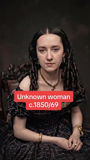 Unknown woman, photographed in a daguerreotype-style oval case, most likely dating to circa 1853–1857. The off-the-shoulder bodice with a wide neckline, tight corseted waist, and decorative jewelry aligns with mid-1850s fashion rather than the earlier 1840s or later 1860s. Her hairstyle, parted center with smooth side waves and long curls, further supports an early-to-mid 1850s date. The ornate gilt mat and oval presentation are also typical of American and British daguerreotypes from this narro