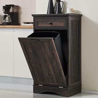 AHB 13 Gallons Tilt Out Trash Cabinet Hidden Trash Can Cabinet Freestanding Garbage Recycling Cabinet with Hideaway Drawer Pet Proof Trash Bin for Kitchen Living Room, Rustic Brown