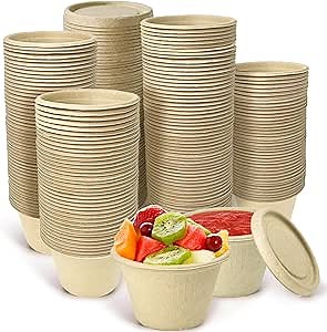 150 Pieces Bagasse Fiber Souffle Cups with Lids, 4 Oz Biodegradable Sample Cups, Compostable Portion Cups for Condiment, Dips, Jams, Tomato Sauce, Snack, Honey, Nuts, Butter, Biscuits