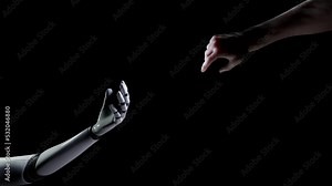 Human hand helping robot AI arm to connect with alpha. A 3D animation of a human hand helping robot arm depicting a connection in business work as a supporting partner.