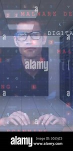 Animation of cyber attack warning text and numbers processing over male hacker and computer servers. global online security, communications and data processing concept digitally generated video Stock Video Footage - Alamy